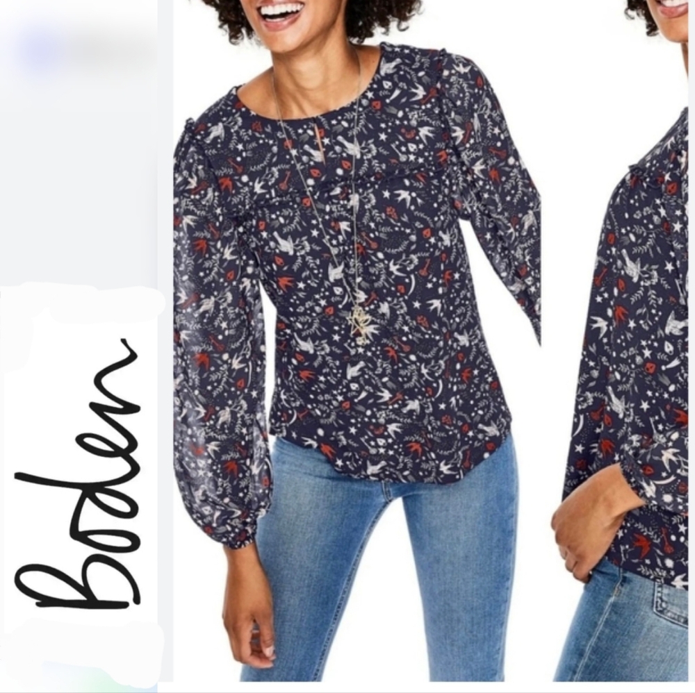 Boden Violetta Mystic Woodland Blouse in Navy Sheer Sleeve Ruffled Birds Size 6